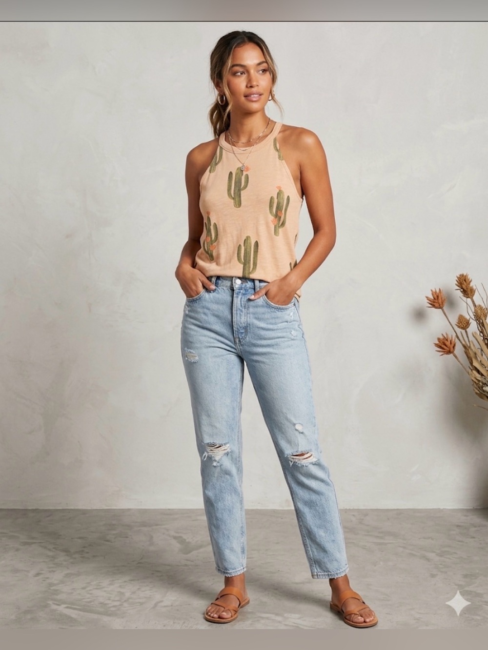 Brokedown Tan Cactus Print Halter Tank